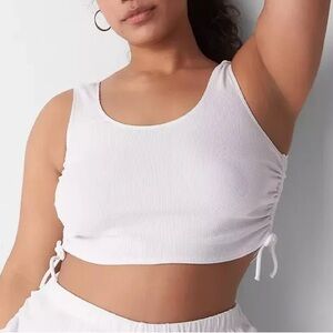 NWT $47 SLEEP by Cacique White Ribbed Tank Crop Top Side Ties Runched Size 14/16